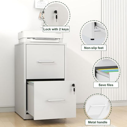 2 Drawer File Cabinet with Lock, Vertical File Cabinet with Lock, Locking File Cabinet Hanging Files for A4/ Legal/Letter, Assembly Required, White