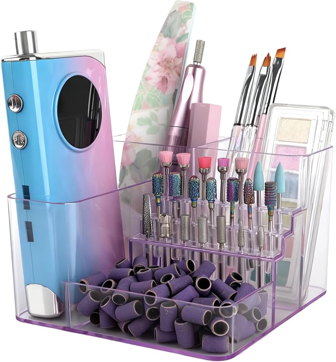 Nail Drill Holder, 21 Holes Nail Drill Machine & Bits Storage Box, Acrylic Nail Drill Bit Holder Professional Nail Tools Organizer, Nail Desk Organizer for Nail Tech (Purple)