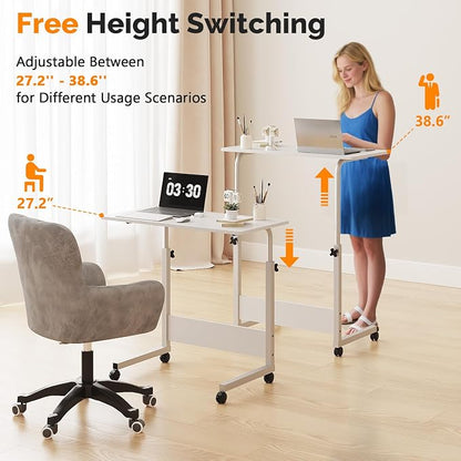 VINGLI Portable Computer Workstation, Standing Desk Adjustable Height, Small Computer Desk w/Rolling, Sit Stand Laptop Desk TV Tray for Bed Sofa Hospital Reading Eating, White, 31.5"