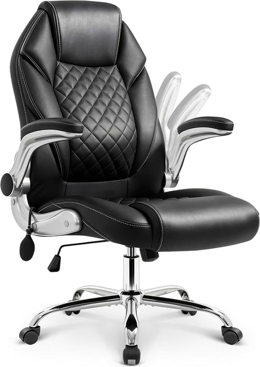 NEO CHAIR Executive Office Chair High Back Ergonomic Computer Desk Chair with Adjustable Lumbar Support Padded FILP-up Arms PU Leather Comfy Task Tilt Swivel for Home (Black)