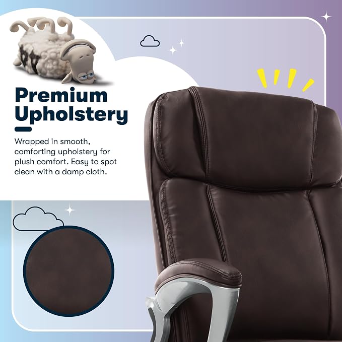 Serta Fairbanks Big and Tall Executive Office Chair - Ergonomic High Back Computer DeskChair with Lumbar Support, Memory Foam Seat Cushion, Padded Armrests, Bonded Leather, 350 lb Capacity - Brown