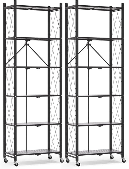 ALANNG 73.6 Inch Folding Bookshelf, 6 Tier Metal Bookcase and Bookshelves, Tall Shelves for Living Room Office Bedroom, Heavy Duty Book Shelve Free Standing Open (Black, 2PACK)