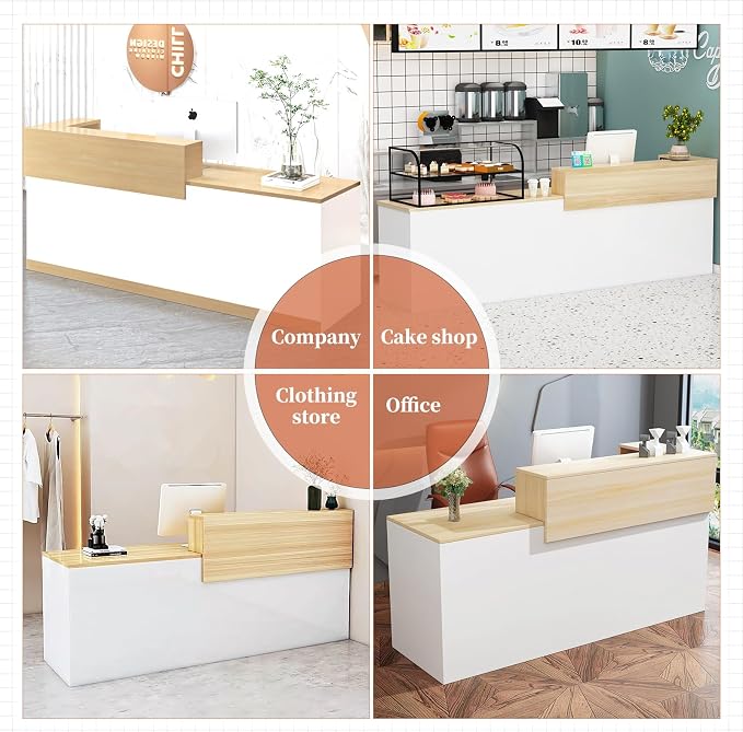 Modern Reception Desk with Drawer & Open Shelves, 39-95 Inch Front Counter Table, Computer Workstation Suitable for Salons, Offices, Lobbies, Retail Stores and Home Offices