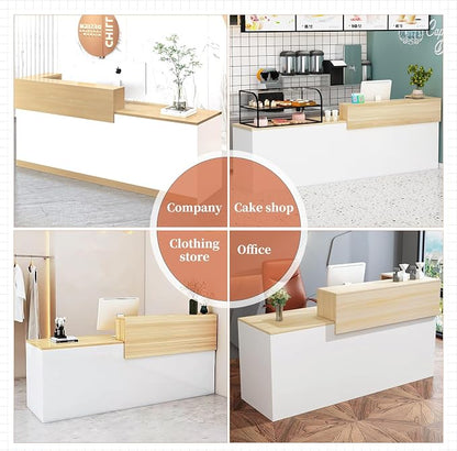 Modern Reception Desk with Drawer & Open Shelves, 39-95 Inch Front Counter Table, Computer Workstation Suitable for Salons, Offices, Lobbies, Retail Stores and Home Offices