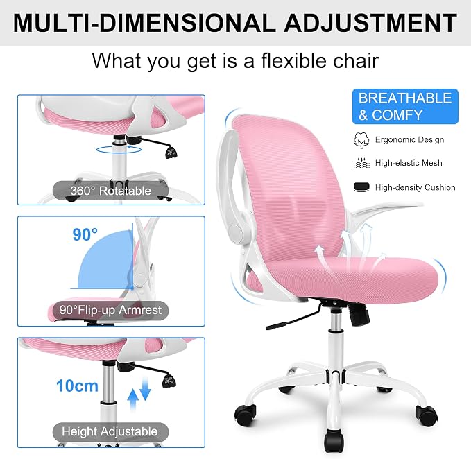 Primy Office Chair Ergonomic Desk Chair with Adjustable Lumbar Support and Height, Swivel Breathable Desk Mesh Computer Chair with Flip up Armrests for Conference Room (Pink)