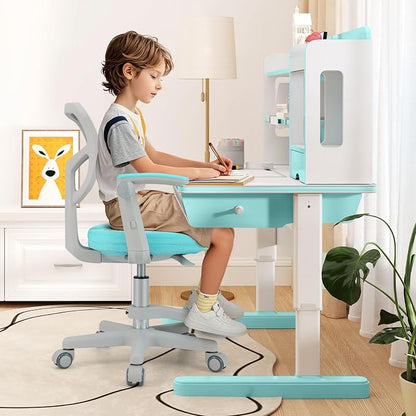 Giantex Kids Desk Chair, Ergonomic Adjustable Student Rolling Chair with Footrest & Flip-up Armrest, Mesh Children Office Chair with Universal Wheels, Kids Computer Chair for Boys & Girls, Turquoise