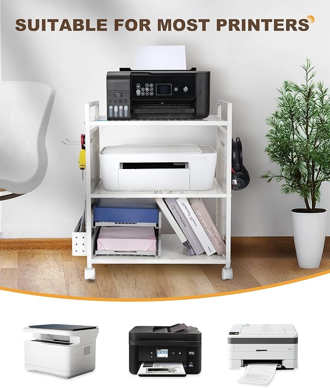 Mythinglogic 3-Tier Rolling Printer Stand with Adjustable Height, Metal Office Organizer Cart, DIY Panels, Lockable Wheels for Home, Office, Kitchen, Gaming