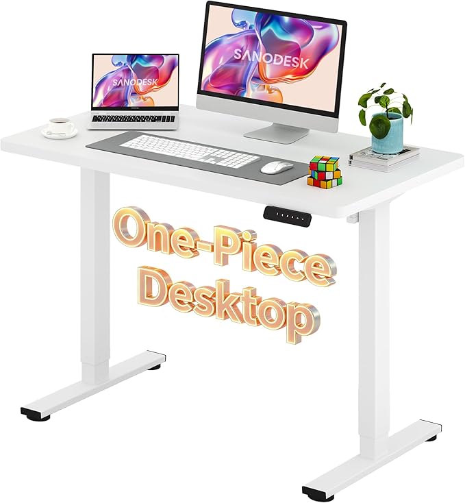 SANODESK Electric Standing Desk 48 x 24 Inches Whole-Piece Desktop Height Adjustable Stand Up Desk w/6-Button Controller Ergonomic Computer Desk for Home Office, White Frame + White Tabletop