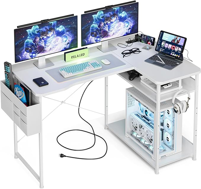 Acrolix L Shaped Gaming Desk 48 Inch - Computer Corner Desk with Power Outlets, Reversible Shelves & Storage Bag for Home Office, PC Gaming Table, White Carbon