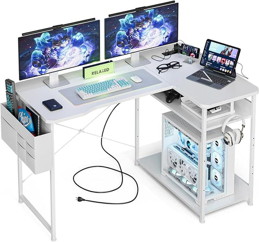 Acrolix L Shaped Gaming Desk 48 Inch - Computer Corner Desk with Power Outlets, Reversible Shelves & Storage Bag for Home Office, PC Gaming Table, White Carbon