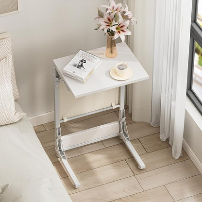 Folding TV Tray Table, 28.8" Tall C-Shaped Side Table for Couch and Bed, Slide Under Sofa Side Desk with Storage Bag - Sturdy Metal Frame Tray for Living Room, Bedroom, Home & Office (White)