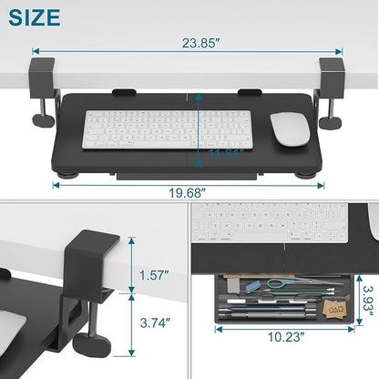 ETHU Keyboard Tray Under Desk, 19.7" X 11.81" Small Size Keyboard Drawer with C Clamp-on Mount Easy to Install, Computer Keyboard Stand Slide Pull Out, Ergonomic Keyboard Tray for Home & Office, Black