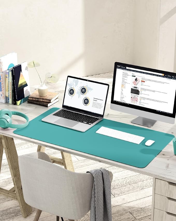YSAGi Non-Slip Leather Desk Pad L Size, Waterproof Laptop Computer Desk Keyboard Mat, Table Protector Blotter Mat, Large Mouse Pad for Office/Work/Home/Decor(Green Blue, 35.4" x 17")