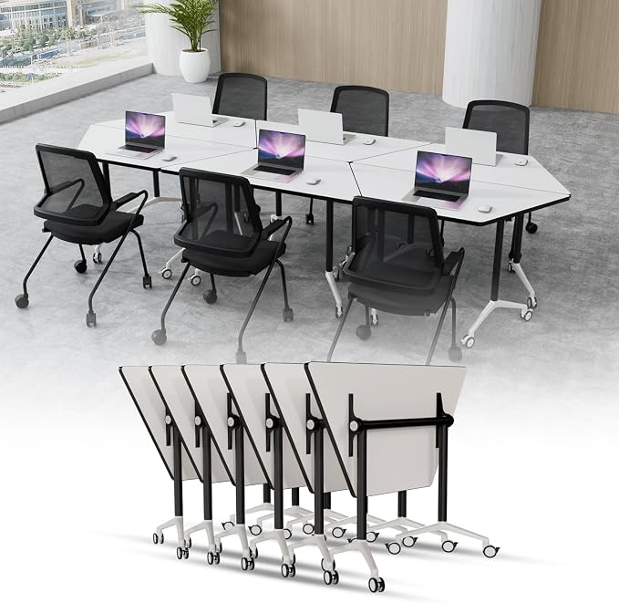 Trapezoidal Folding Conference Table,Freely Splicing Modular Training Seminar Tables,Mobile Conference Room Tables with Wheels,Modern Flip Top Conference Meeting Table Foldable Tables for Office(6)