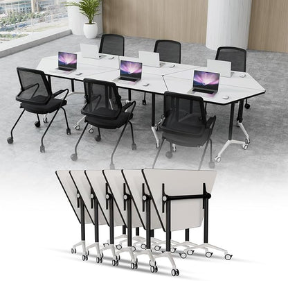 Trapezoidal Folding Conference Table,Freely Splicing Modular Training Seminar Tables,Mobile Conference Room Tables with Wheels,Modern Flip Top Conference Meeting Table Foldable Tables for Office(6)