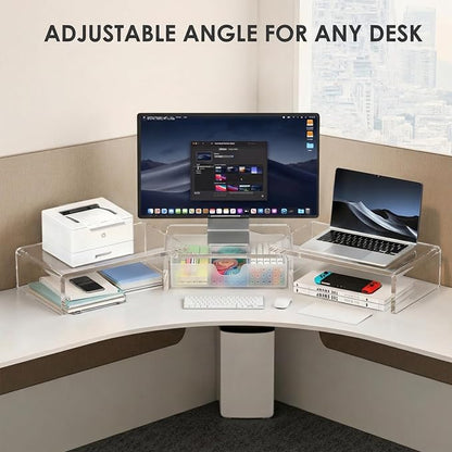 OPNICE Clear Acrylic Desk Organizers and Accessories, Dual Monitor Stand Riser with Drawer, Desk Shelf Computer Racks for Office Workspace Organizers, Desktop Organization (Transparent)