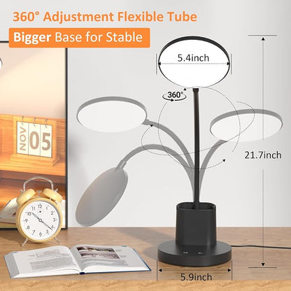 Desk Lamp, LED Desk Lamps for Home Office, Touch Table Lamp with 3 Color Modes 360° Adjustable Arm, Dimmable Desk Light with Pen Phone Holder for College Dorm, Black