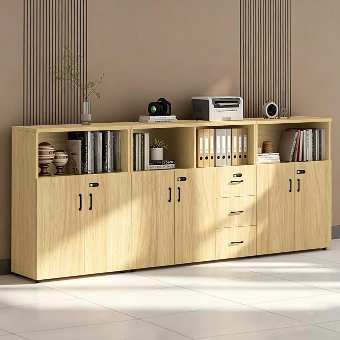 File Cabinet with Password Lock, Wood Lateral Filing Cabinet for Letter/A4 Files, 3 Drawer with Door, Printer Stand with Open Shelves for Home Office