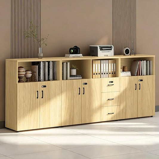 File Cabinet with Password Lock, Wood Lateral Filing Cabinet for Letter/A4 Files, 3 Drawer with Door, Printer Stand with Open Shelves for Home Office