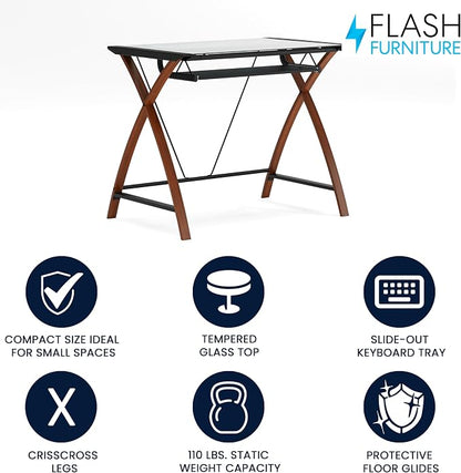 Flash Furniture Jude Tempered Glass Computer Desk with Pull-Out Keyboard Tray and Crisscross Frame, Small Computer Desk for Home Office, Cherry/Clear