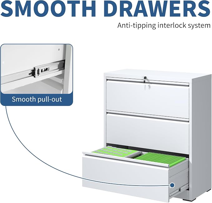 3 Drawer File Cabinet with Lock, White Metal Lateral Filing Cabinets for Home Office, Heavy Duty Steel Horizontal Locking Storage Cabinet for Legal/Letter/A4 Size File, Assembly Required
