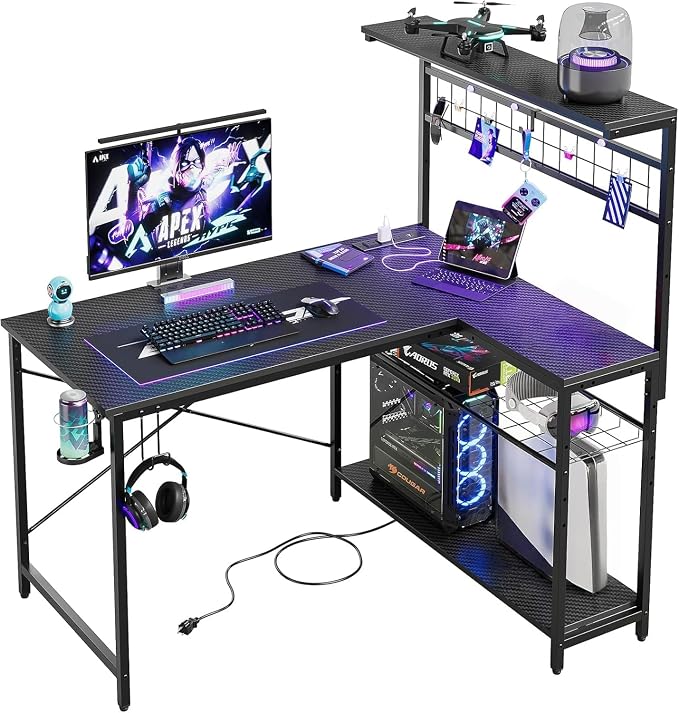 Bestier 42 L Gaming Desk,Computer Desk with Power Outlets, LED Lights, Reversible Corner Desk with 4-Tier Shelves,Cup Holder & Hook Carbon Fiber Black