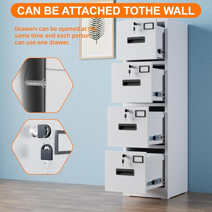 4 Drawer File Cabinet with Lock,White Metal Filing Cabinet for Home Office,Vertical File Storage Cabinet with Keys for Letter/A4 Size,14.96" W x 17.72" D x 55.2" H,Assembly Required