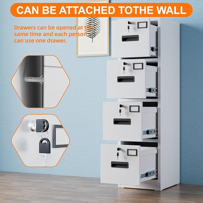 4 Drawer File Cabinet with Lock,White Metal Filing Cabinet for Home Office,Vertical File Storage Cabinet with Keys for Letter/A4 Size,14.96" W x 17.72" D x 55.2" H,Assembly Required