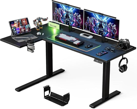 Muvai 71 Inch L Shaped Standing Desk Adjustable Height with Cable Management Tray,Gaming Electric Corner Standing Desk, Sit Stand Computer Table with Reversiable Splice Board, Black Carbon