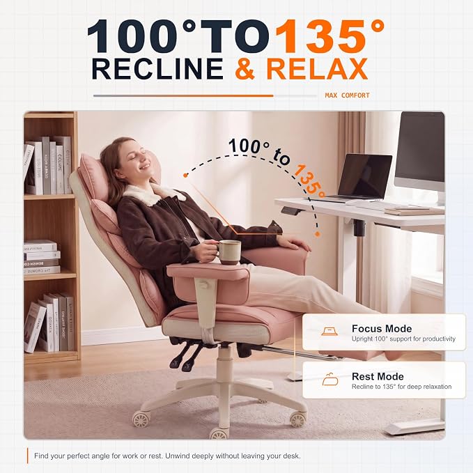 Dowinx Big and Tall Office Chair with Pocket Springs Cushion,High Back Computer Gaming Chairs with Adjustable Armrests,Executive Desk Chairs with Lumbar Support and Footrest,PU Leather-Pink