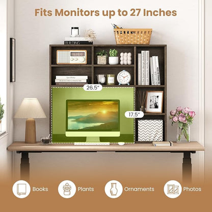 GOFLAME 7 Cubes Desktop Bookshelf, 37” Desk Organizer Shelf with 3 Adjustable Shelves, 3-Tier Wood Countertop Display Rack, Multipurpose Tabletop Desk Hutch for Dorm, Home Office, Gray