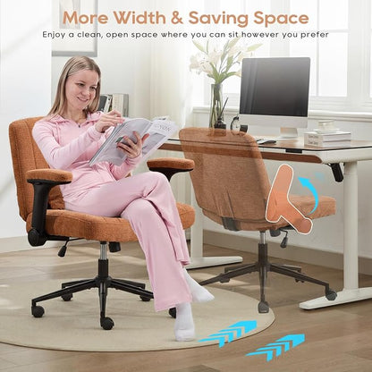 IPKIG Criss Cross Chair with Adjustable Flip-up Arms, Vanity Chair with Wheels, Comfy Desk Chair with Lumbar Pillow Swivel Wide Office Chair for Home Office, Bedroom, Chenille, Orange