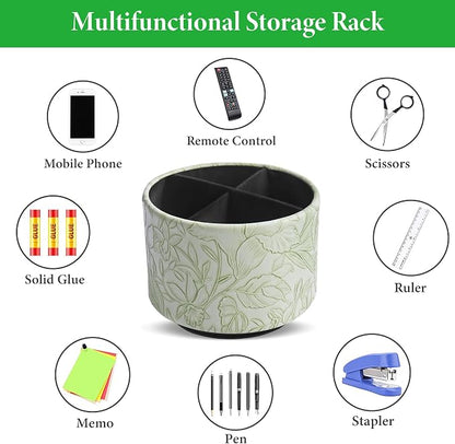 Round Leather Art Supply Organizer,Remote Control Holder,360 Degree Spinning,Multi-Functional Pencil Holder,4 Compartments Desktop Stationary Organizer(1-Carved Green)