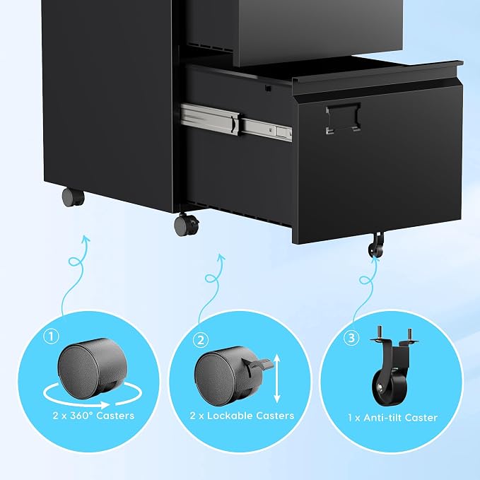 SUXXAN 2 Drawer Mobile File Cabinet with Lock, Heavy Duty Steel Under Desk Filing Cabinet for Letter/Legal Size, Anti-Tip Design with 5 Casters, Metal Storage Organizer for Home Office