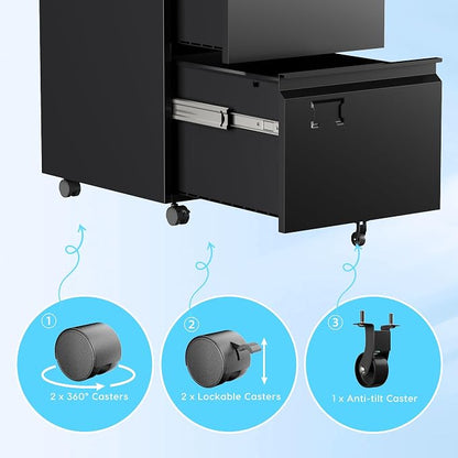 SUXXAN 2 Drawer Mobile File Cabinet with Lock, Heavy Duty Steel Under Desk Filing Cabinet for Letter/Legal Size, Anti-Tip Design with 5 Casters, Metal Storage Organizer for Home Office