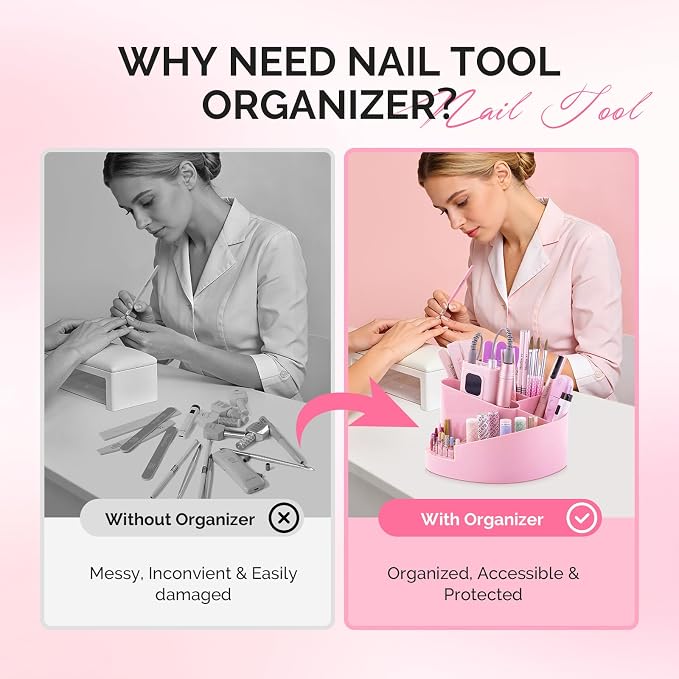 MelodySusie Nail Drill Holder & Nail Art Tools Storage Box, Large Capacity Sturdy Desk Organizer for 3/32" Nail Drill Bits, Nail Tech Supplies Container for Acrylic Salon & Home, Pink