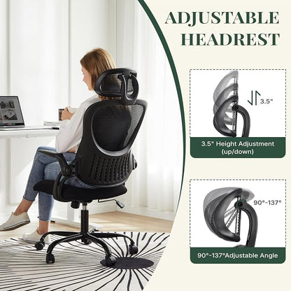 Ergonomic Office Chair, Comfy Desk Chair with Wheels, Adjustable Headrests, Flip-Up Armrests, Breathable Mesh High-Back, Comfortable Swivel Seating for Home Computer, Black