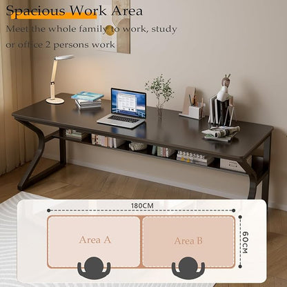 OSCHF Extra Long Desk with Bookshelf - 71" Double Long Writing Table for 2-Person Workstation, Modern Study Work Computer Desk for Home and Office, Black