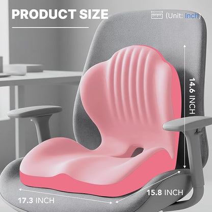 Ergonomic Seat Cushion, Office Chair Seat Cushions with L-Shaped Integrated Design, Memory Foam Orthopedic Cushion with Coccyx Hollow, Lumbar Support & Tailbone Pain Relief for Long Sitting (Pink)