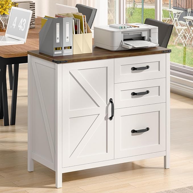 Befrases File Cabinet 3 Drawers Lateral File Cabinet with Adjustable Shelf for Letter/A4 Size Hanging Files, Large Wood File Storage Cabinets Printer Stand for Home Office, Rustic White