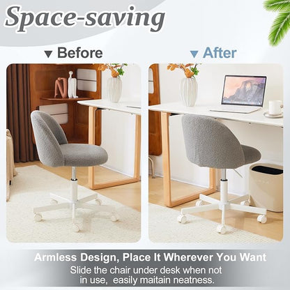 VINGLI Candy Chair Armless Cute Desk Chair,Comfy Small Office Chair with Wheels,Vanity Chair with Lumbar Support,Teddy Adjustable Rolling Swivel Computer Task Chair for Home Office,Bedroom,Muted Grey