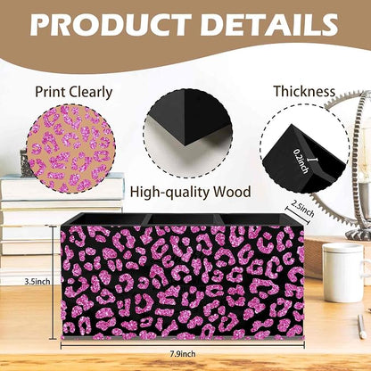 DILSJ Pink Cheetah Print Office Supplies Pen Pencil Holder Organizer for Desk, Coquette Room Decor, Preppy Leopard Black Wooden Box Signs for Women Home Office Desk Tabletop Decoration