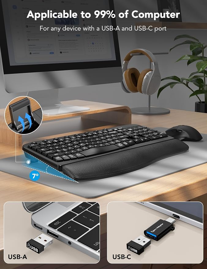 SABLUTE Wireless Keyboard and Mouse Combo – Ergonomic Wave Key, Built-in Leather Soft Palm Rest, 2.4G Full Size, 6-Button Mouse with 4-Level DPI, Dual USB-A/USB-C, MA12 for Windows & macOS Compatible