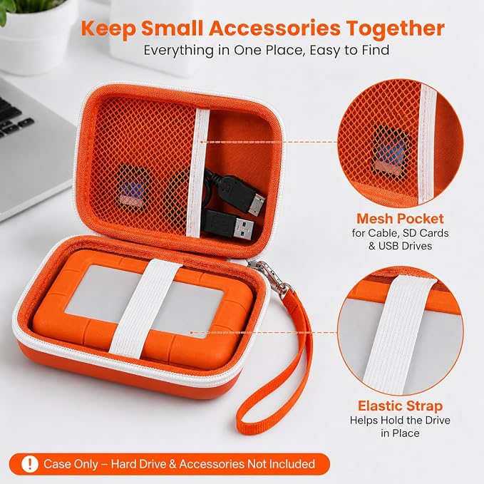 Case Compatible with LaCie Rugged Mini 1TB/ 2TB/ 4TB/ 5TB External Hard Drive Portable HDD, Storage Holder for Hard Drives for Mac and PC Computer & USB 3.0 2.0 Cable SD Cards (Tangerine)