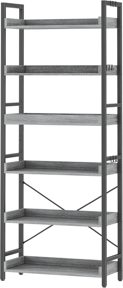 HCHQHS 6 Tier Bookshelf, Adjustable Industrial Bookcase, Vertical Tall Book Shelf, Wood and Black Metal Open Bookshelves for Home Office, Living Room, Bedroom