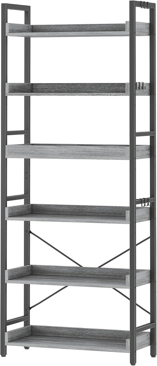 HCHQHS 6 Tier Bookshelf, Adjustable Industrial Bookcase, Vertical Tall Book Shelf, Wood and Black Metal Open Bookshelves for Home Office, Living Room, Bedroom