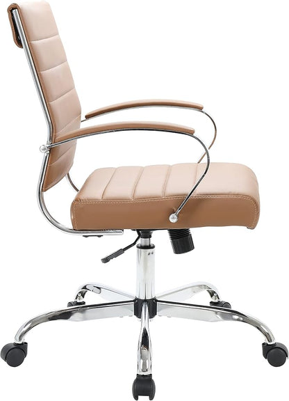 LeisureMod Benmar Leather Office Desk Chair, Mid-Back Ergonomic Swivel Chair with Lumbar Support, Adjustable Height, Tilt Lock, Cushioned Seat & Back, Home Office Task Chair (Brown, Single)