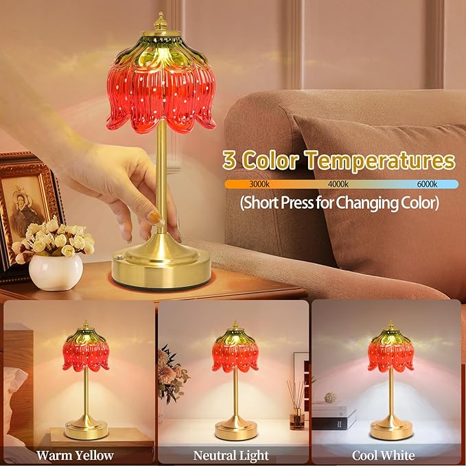 Cordless Lotus Flower Table Lamp, 5200mAh Rechargeable Battery Operated Portable Lamp, 3-Color Dimmable Touch Control Small Desk Lamp for Bedroom, Office, Kitchen, Nightstand,Room Decor (Strawberry)