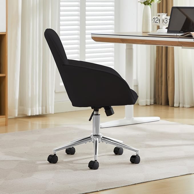 Velvet Home Office Desk Chair, Modern Cute Computer Task Chair with Back, Height Adjustable Upholstered Vanity Chair with Swivel Wheels for Women, Girls (Silver Base, Black