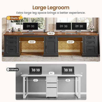 SEDETA Farmhouse 110.3" Two Person Desk with 7 Drawers, Long Computer Desk with Storage Cabinet, 2 Person Desk with Power Outlets for Home Office, Black+Brown